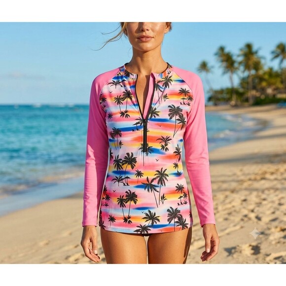 Unbranded Other - Women’s 2XL Tropical Palm Tree Half Zip Long Sleeve Padded Rashguard Pink Sunset